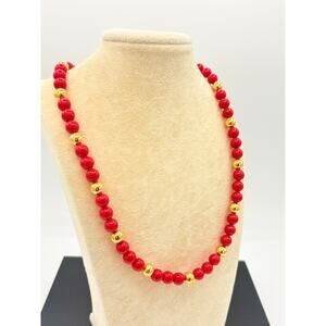 Vintage Signed Napier Red & Gold Beaded Necklace – 1980s Statement Jewelry